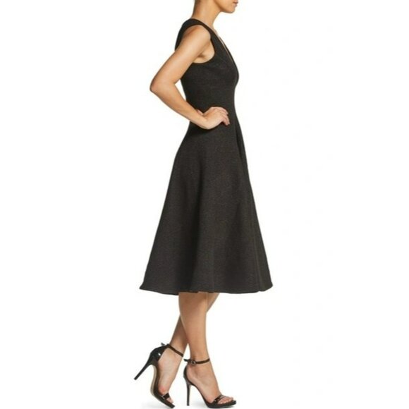 Dress the Population Modest Black V Neck Fit Flare Midi Dress - Picture 2 of 16